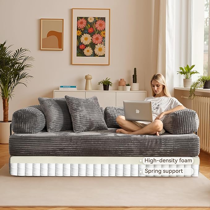 4-in-1 Folding Sofa Bed, 78" Oversized Corduroy Sleeper Chair, Convertible Loveseat to Floor Bed with Storage Pockets, Boneless Design for Living Room, Bedroom & Small Spaces