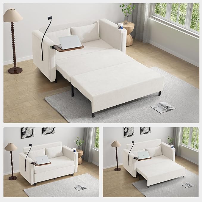 ORRD Pull Out Sofa Bed, 2-in-1 Multi-Functional Sleeper Couch Small Loveseat Bed with Hidden Side Table, Phone Holder and Cup Holder for Living Room, Small Space, Apartment (White)