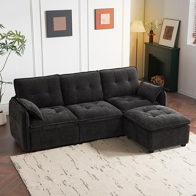 PALLOME 96" Modular L-Shaped Sofa - 3-Seat Cloud Couch with Movable Ottoman, Extra Deep Seat Sofa Couch with Throw Pillows for Living Room & Small Spaces (Black, 3-Seat + Ottoman)
