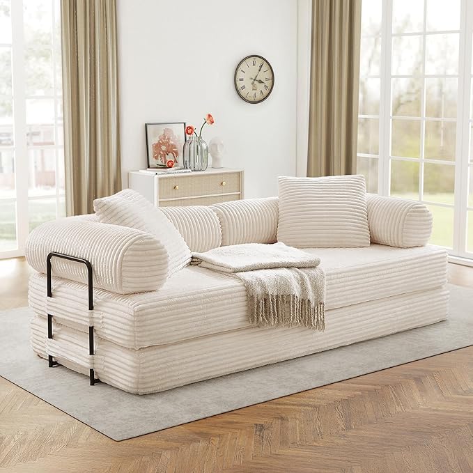 Modular Couch Bed, Convertible Folding Plush Corduroy Comfy Floor Memory Foam Compression Loveseat Sleeper Sofa Couch, King Size Bed for Guest Room Living Room Bedroom, No Assembly Required, Beige