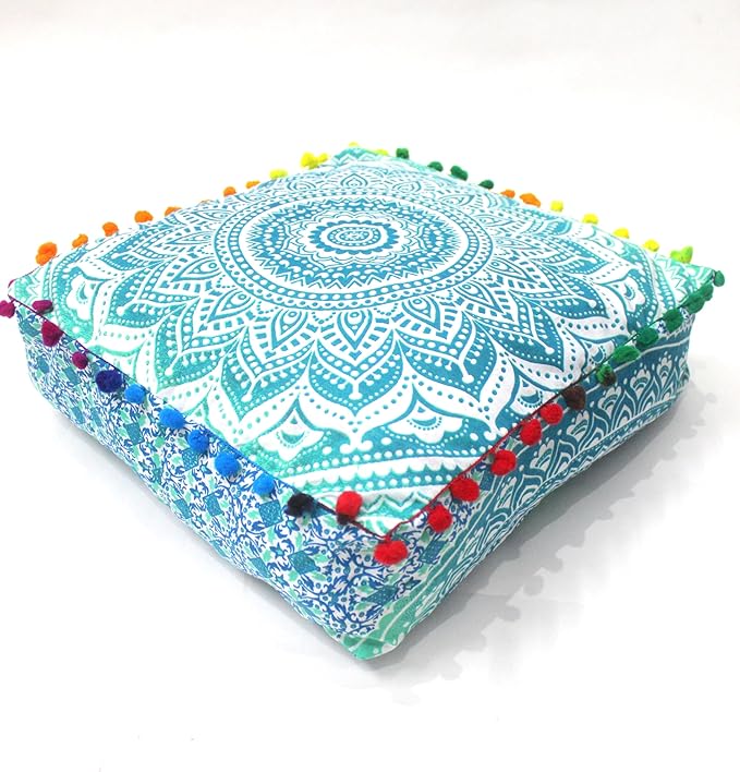 CRAFT KALA Green Ombre Large Hippie Mandala Meditation Floor Ottoman Pillow Cushion Pouf Cover Square Poufs Bohemian Circle Floor Cushion Case Outdoor Fireplace Yoga Living Room Decor Cover 16" Square