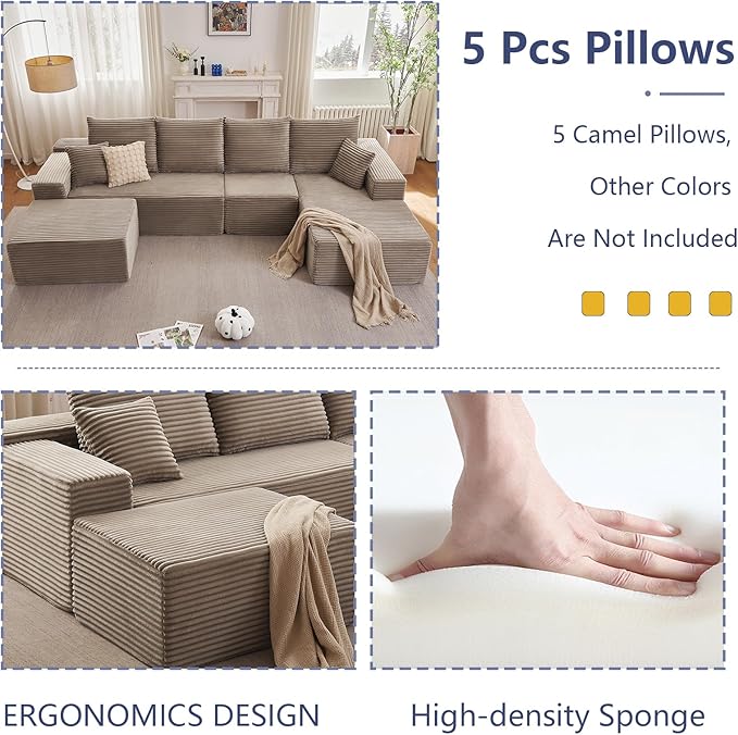 135.4" Cloud Sectional Couch with Ottoman,Modern U-Shaped Cloud Couch with Deep Seat,Comfy Corduroy 4-Seater Sofa,Memory Foam Sofa for Living Room,No Assembly (Camel,Right-Facing Chaise)