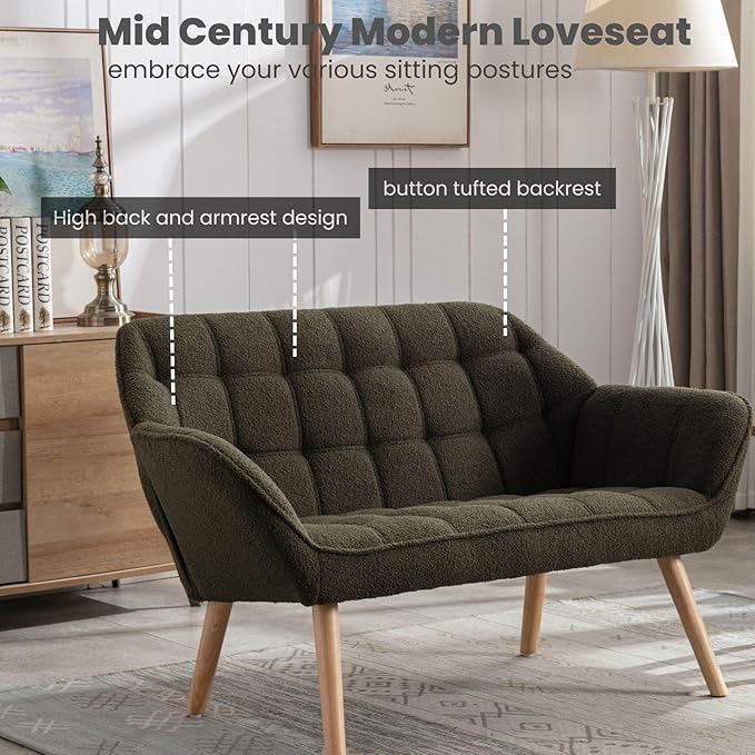 48" Green Small Loveseat Sofa, Comfy Faux Fur 2-Seat Love Seat with Wood Legs, Modern Tufted Wingback Upholstered Sofa Couch for Small Space Living Room Bedroom Apartment