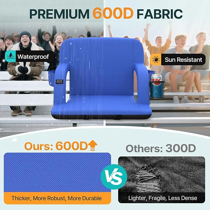 HOPERAN 25" 2pcs Dual-Sided Heated Stadium Seats for Bleachers with Back Support, 3 Levels Heating Stadium Seating for Bleachers Seat with Backrest, 5 Pockets Portable Stadium Chair(Blue)