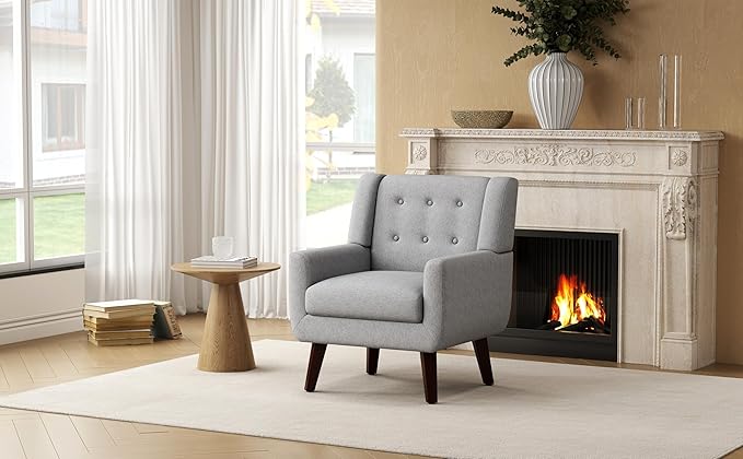 Accent Chairs, Mid-Century Modern Upholstered Living Room Armchair, Comfy Oversized Linen Fabric Single Reading Arm Chair with Tufted Back and Wood Legs for Bedroom, Club (1, Light Grey)