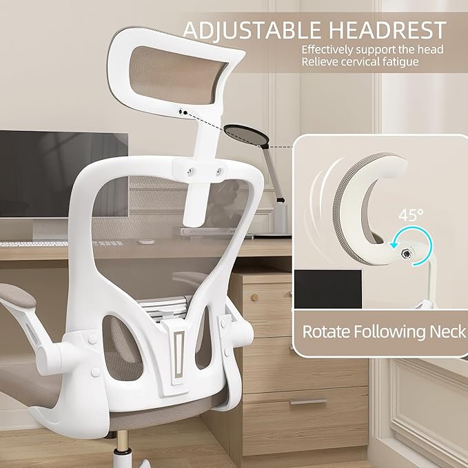 Monhey Office Chair Ergonomic Desk Chair with Lumbar Support&Headrest&Flip-up Arms Height Adjustable Rocking Swivel High Computer Chair Multi-Angle from 90° to 130° with 350LBS Capacity(04White+khaki)