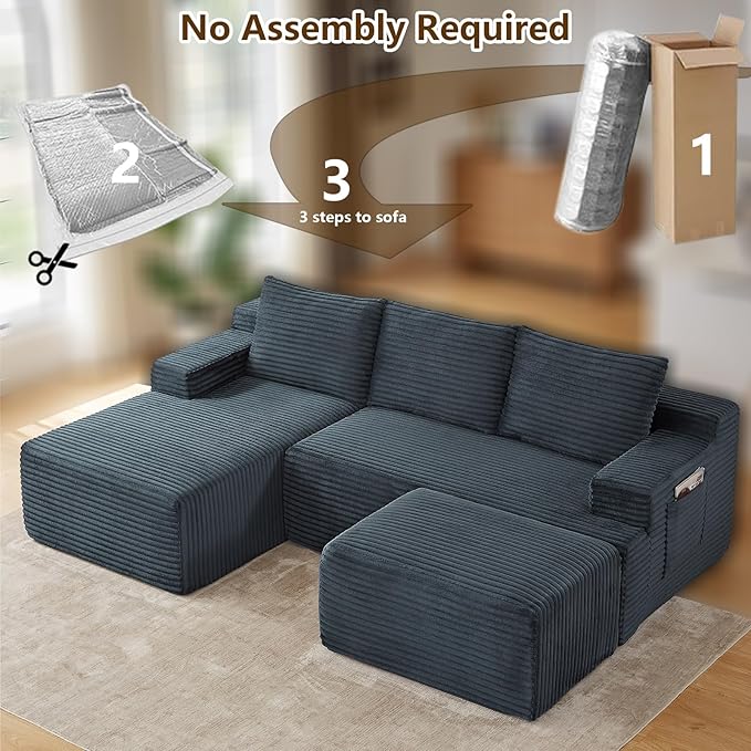 96" U-Shape Cloud Couch, Modern Modular Sectional L-Shape Sofa with Ottoman, Corduroy Upholstered Couches Deep Seat Sleeper Chaise Longue for Living Room, No Assembly Required(Dark Gray, Left Facing)