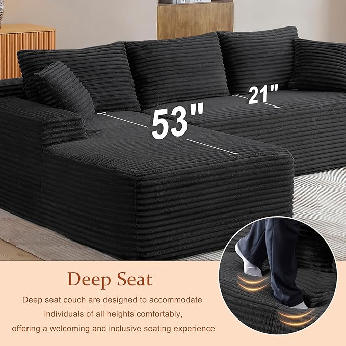 HYJT-H&K Modular Sectional Sofa Cloud Sectional Couch, 95" Comfy Fluffy L Shaped Black Couches for Living Room, Deep Seat Memory Foam Plush Corduroy Boneless Couch Sectionals Left Facing Chaise Sofa