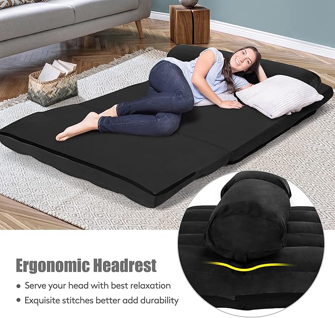 DORTALA Foldable Floor Sofa, 6-Position Adjustable Lounge Couch with 2 Pillows & Suede Cloth Cover, Modern Lounge Mattress Video Gaming Lazy Couch, Suede Floor Seating Sofa, 71" x 44.5", Black