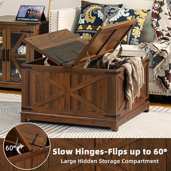 Farmhouse Coffee Table Sets 2 Pieces, Large End Side Tables with Charging Station and Coffee Table with Hidden Storage Compartment, Black Living Room Table Set, Wood Furniture Sets for Home Office