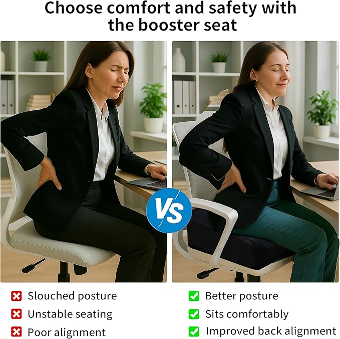 Acxseo 6" Extra Thick Memory Foam Office Chair Cushion – 2-Layer Booster Seat for Back & Tailbone Pain Relief, 18 x 16 x 6in Non-Slip Cushion with Carry Handle for Wheelchair, Car, and Airplane