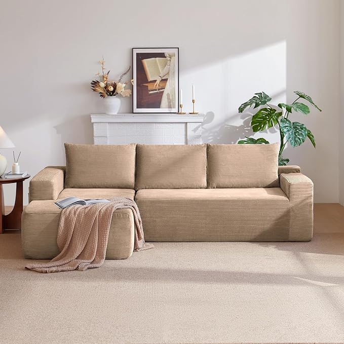 Vanress 97" Cloud Couch Sectional, Corduroy Boneless Couch with L-Shape Chaise,Modern Modular Sectional Sofa Comfy Deep Seat for Living Room, Bedroom, No Assembly (Camel, Left Facing Chaise)
