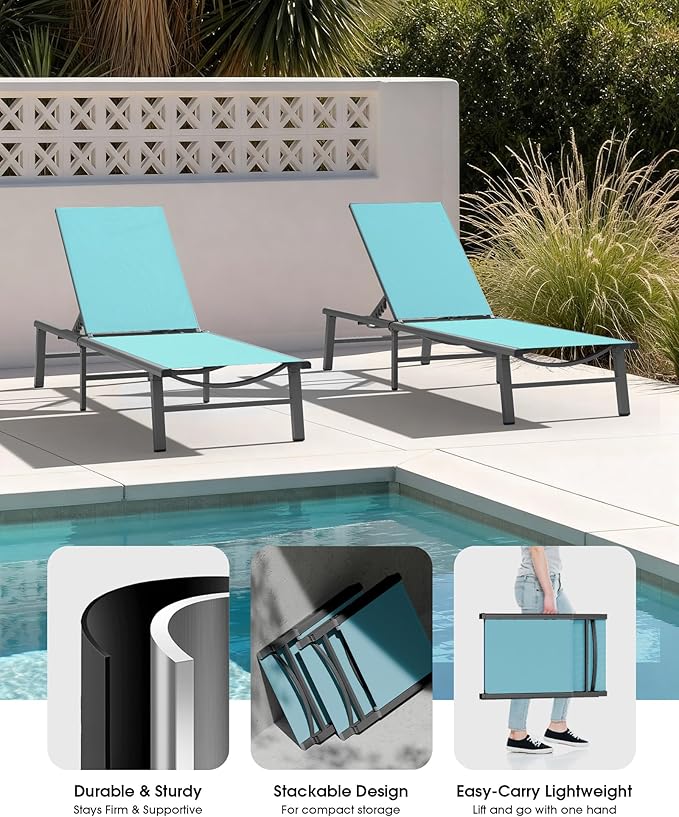 Ciokea Aluminum Outdoor Lounge Chair Set of 2- No Assembly Needed, Foldable Patio Chaise Lounge with 5 Adjustable Positions, Reinforced Frame for Extra Durability, Pool Beach Lounge Chair,Lake Blue