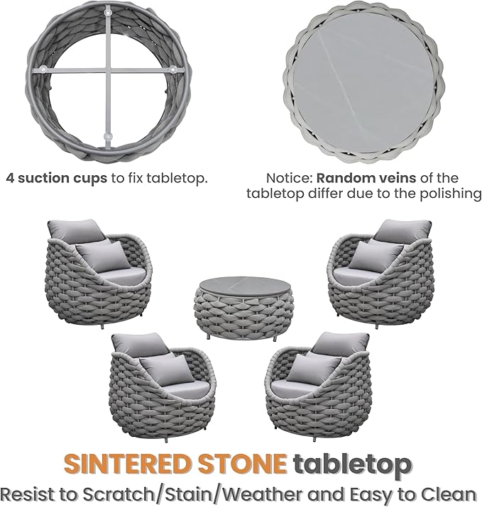Erotr Front Porch Furniture Set: 5 Pieces Aluminum Patio Conversation Set All Weather - Cushioned Outdoor Sofa Set Assembled - Modern Metal Couch Seating for 400lbs Deck Garden Poolside Hotel - Gray
