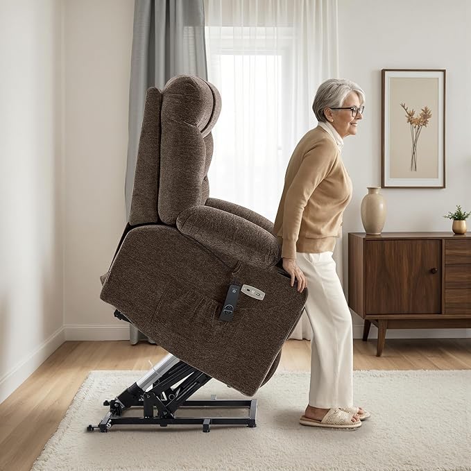 MCombo Power Lift Recliner Chair for Elderly, Electric Lift Chair with Extended Footrest, USB Ports, Cup Holders, Fabric 7281 (Brown, Small)