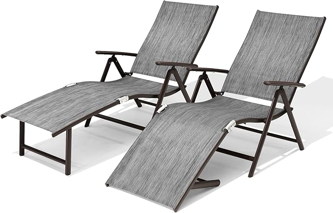 VredHom 2PCS Patio Chaise Lounge Outdoor Folding Adjustable Lounge Chair Recliner with 8 Adjustable Backrest Positions for Pool Beach Yard, Dark Gray Textliene and Brown Aluminum Frame
