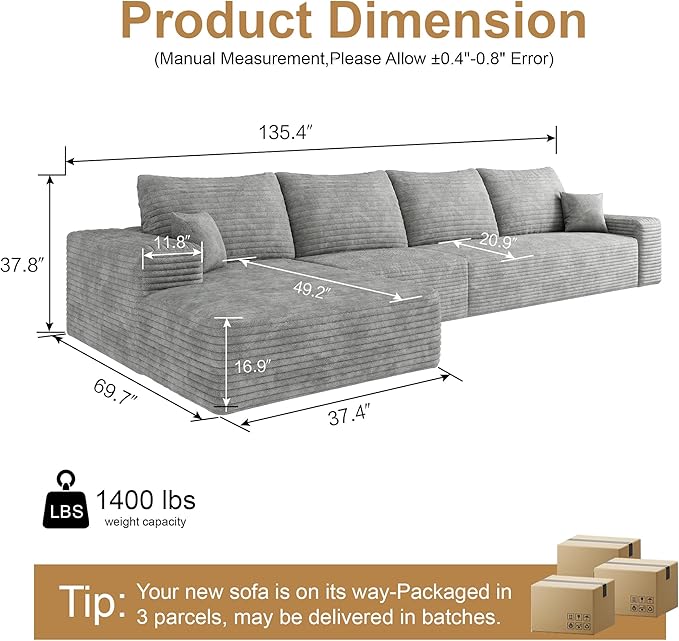 AUGOP 136" Sectional Couches for Living Room Modern Modular Sofa with L-Shape Couchs Upholstered Boneless Couch Deep Seat Sectional Couch with Chaise (Grey, Left Facing Chaise+3Seaters)