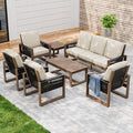 INTER HUT Rustic Hideaway Natural Cedar Wood Outdoor Furniture Set, Wicker Patio Conversation Set for Porch Garden Backyard, Couch, 4 Patio Chairs, Tables, 7 Piece, Brownish/Beige