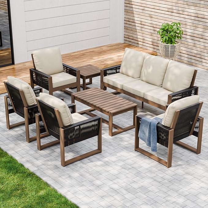 INTER HUT Rustic Hideaway Natural Cedar Wood Outdoor Furniture Set, Wicker Patio Conversation Set for Porch Garden Backyard, Couch, 4 Patio Chairs, Table and 2 Ottomans, 8 Piece, Brownish/Beige