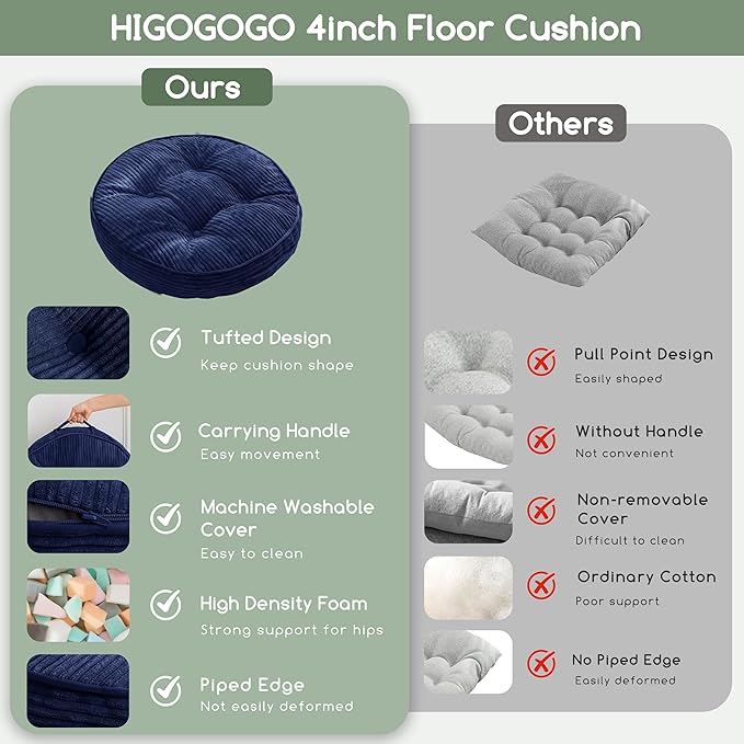 Washable Floor Pillow Cushion for Adults, Meditation Cushion Pillow, Large Round Floor Sitting, Removable Tufted Corduroy Cover, for Tatami Living Room or Yoga, 22x22 Inch, 2Pack, Machine Washable
