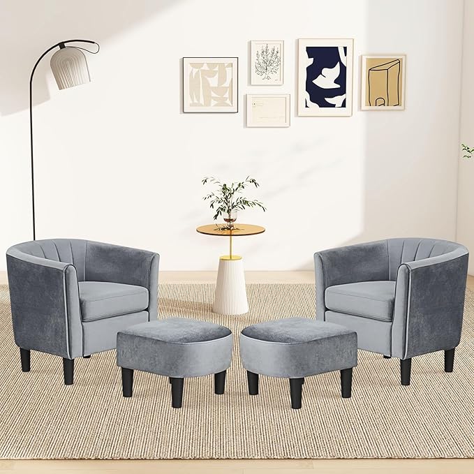 GOFLAME Accent Chair with Ottoman, Modern Velvet Fabric Barrel Chair with Footrest, Curved Backrest, Removable Seat Cushion, Upholstered Club Tub Sofa, Reading Armchair for Living Room, Bedroom, Gray