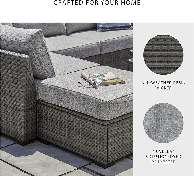 Signature Design by Ashley Petal Road Casual Nuvella Weather Resistant Fabric, Cushioned Outdoor Loveseat Sectional/Ottoman/Table Set with 2 Throw Pillows, Set of 4, Gray