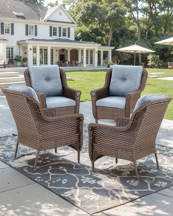 ACTREST Patio Wicker Chairs Outdoor Furniture Chair - Set of 4 Outside All Weather Lawn Dining Brown Rattan Armchair with High Back&Deep Seating for Deck Porch Balcony Backyard Garden - Baby Blue