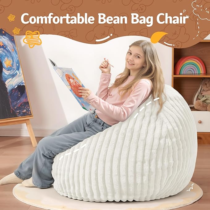 Homguava 2FT Bean Bag Chair, 2' Small Bean Bags with Memory Foam Filled, Beanbag Chairs with Machine Washable Cover Dutch Corded Plush Cover for Classroom,Living Room,Bedroom-White