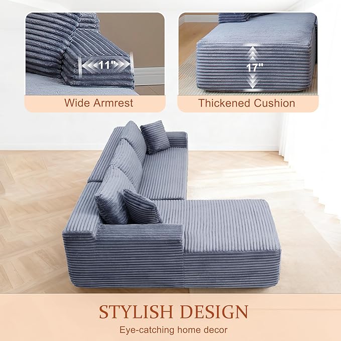 HYJT-H&K Modular Sectional Sofa Cloud Sectional Couch, 95" Comfy Fluffy L Shaped Grey Couches for Living Room, Deep Seat Memory Foam Plush Corduroy Boneless Couch Sectionals Left Facing Chaise Sofa