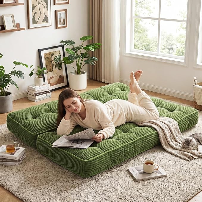 Vercraft 63 Inch Folding Bench Cushion, 4 Inch Thick 2-in-1 Convertible Long Floor Lounger Boneless Cushions Couch Mattress Upholstered for Yoga, Reading, Sleeping, Meditation Living Room(Dark Green)