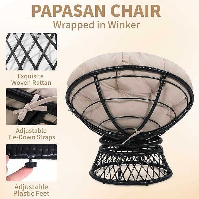 Kromax 40" Ergonomic Wicker Papasan Chair, 360° Swivel Round Egg Chair with Soft Thick Cushion, Indoor Outdoor Use for Living Room, Bedroom, Reading Room, Black Frame with Beige Cushion