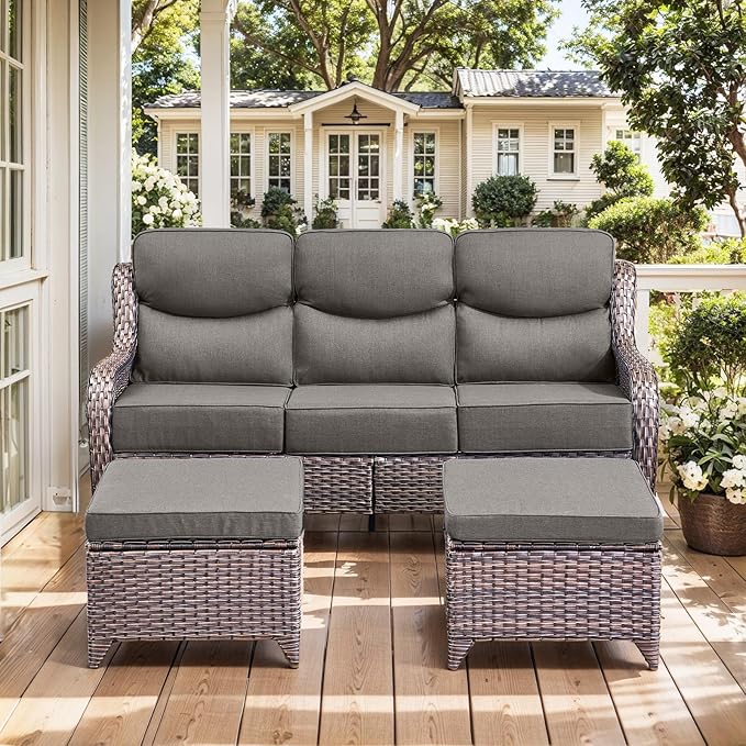 HUMMUH 10 Pieces Outdoor Furniture Set with Fire Pit 6-inch Cushions High Back Patio Furniture Set Wicker Swivel Rocker Chairs Sofa for Porch,Deck,Backyard