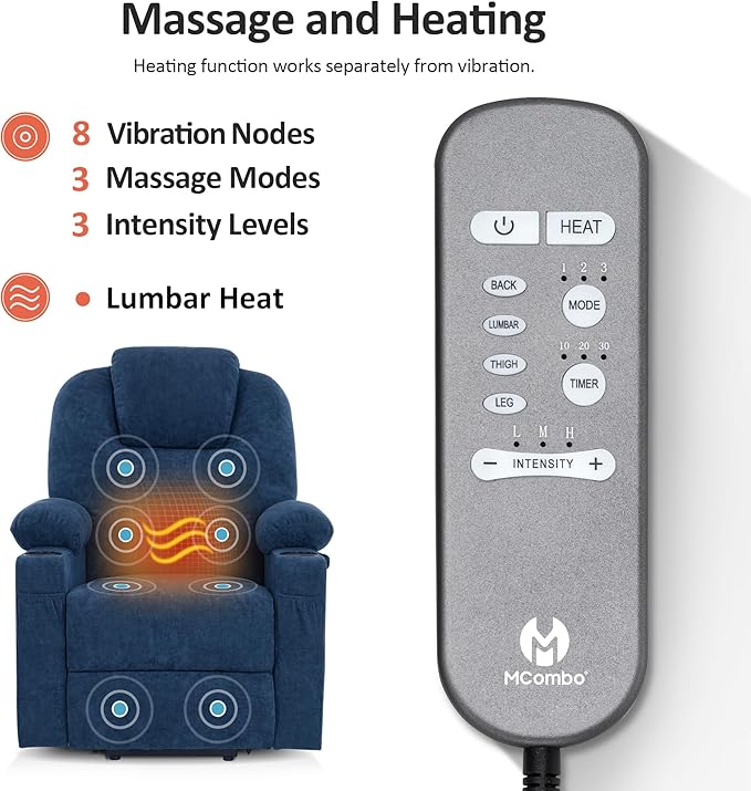 MCombo Small Power Lift Recliner Chair for Elderly, Petite Power Lift Chair with Heat and Massage for Seniors, Cup Holders, USB & Type C Ports, Fabric 7141 (Admiral)