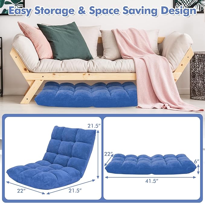 GOFLAME 14-Position Folding Floor Chair, Padded Gaming Lazy Sofa Chair with Adjustable Backrest, Couch Recliner, Sleeper Bed Lounge Chair for Reading, Gaming, Meditating (Blue)
