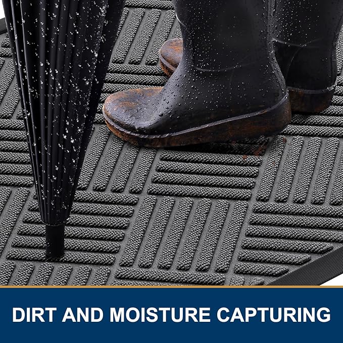Smiry Front Door Mat Outside Entrance, Heavy Duty Outdoor Indoor Natural Rubber Doormat, Non Slip, Trap Dirt and Moisture, Easy Clean, Low Profile Patio Porch Entryway Mat, 29.5x17, Grey