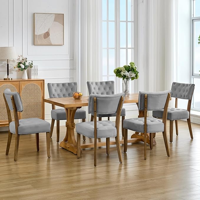 UVV Upholstered Dining Chairs Set of 6, Mid Century Modern Tufted Kitchen Chairs Dining Room Chairs, Velvet Dinner Chair with Wood Legs for Dining Room Kitchen, Light Grey