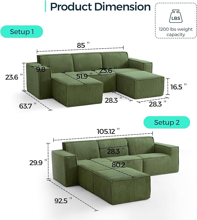 LINSY HOME Modular Sectional Sofa, 105" Boneless Couch U Shaped 3-Seat Sofa with 2 Ottomans, Corduroy Sectional Cloud Couches for Living Room, No Assembly Required, Green