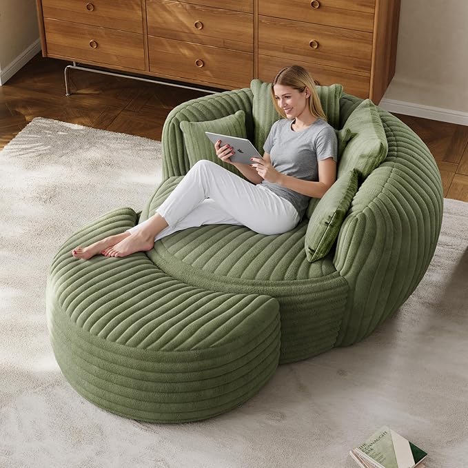 50" W Oversized Round Chaise Lounge Chair with Ottoman Indoor Boneless Plush Fluffy Corduroy Circle Couch Soft Comfy Cozy Cloud Reading Chair for Living Room, Playroom, Bedroom - Green