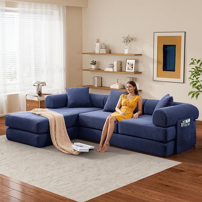 L Shaped Convertible Modular Boneless Sofa Bed with Cylindrical Pillow, Corduroy Folding Floor Sofa Couch Bed with Fixed-Shape Frame & Storage Pocket for Living Room, Blue