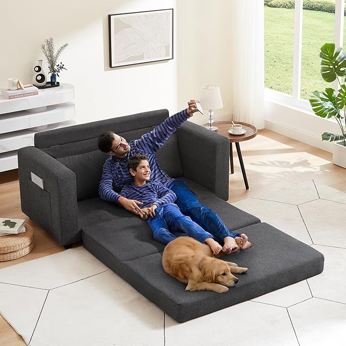 Chorlenimi Convertible Sofa Bed Comfy Linen Sleeper Sofa with Storage Pockets,USB Charging Port,Futon Floor Couch for Living Room,Bedroom,Apartment(Grey, 48 Inches)