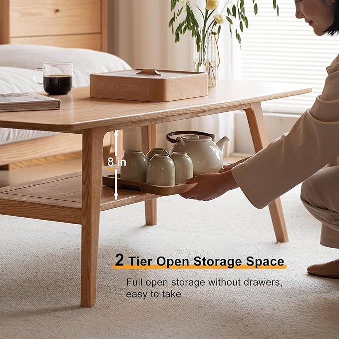 QKFF Modern Solid Wood Coffee Table, 2-Tier Small Wooden Coffee Table with Storage Shelf for Living Room, Apartment, Office, Natural (48''D x 22''W x 18''H)
