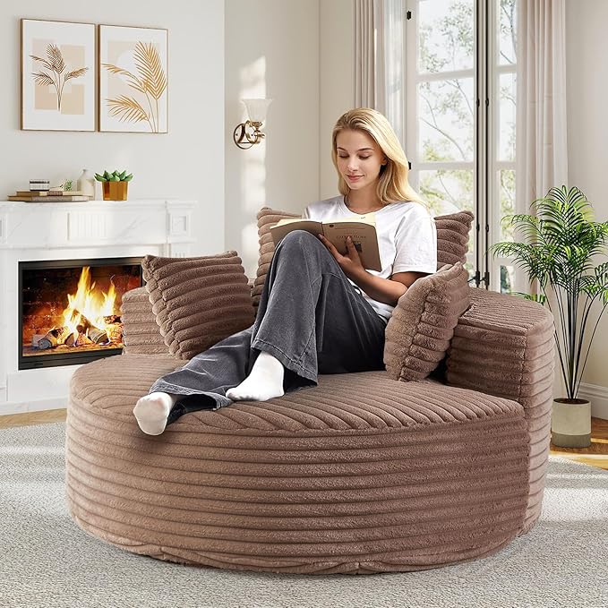 55"W Oversized Round Chair Lounge Chaise Indoor, Upholstered Comfy Circle Sofa Armchair, Modern Cozy Boneless Foam Floor Reading Chair for Living Room, Bedroom, No Assembly Required(Corduroy, Brown)