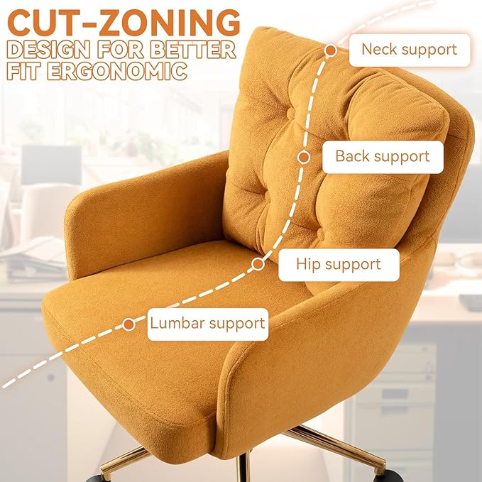 BALIAA Flannel Office Chair, Comfy Home Office Desk Chairs with Lumbar Support, Modern Velvet Desk Chair Gold Legs Small Swivel Task Chair for Home Office, Bedroom, Study (Yellow, L)