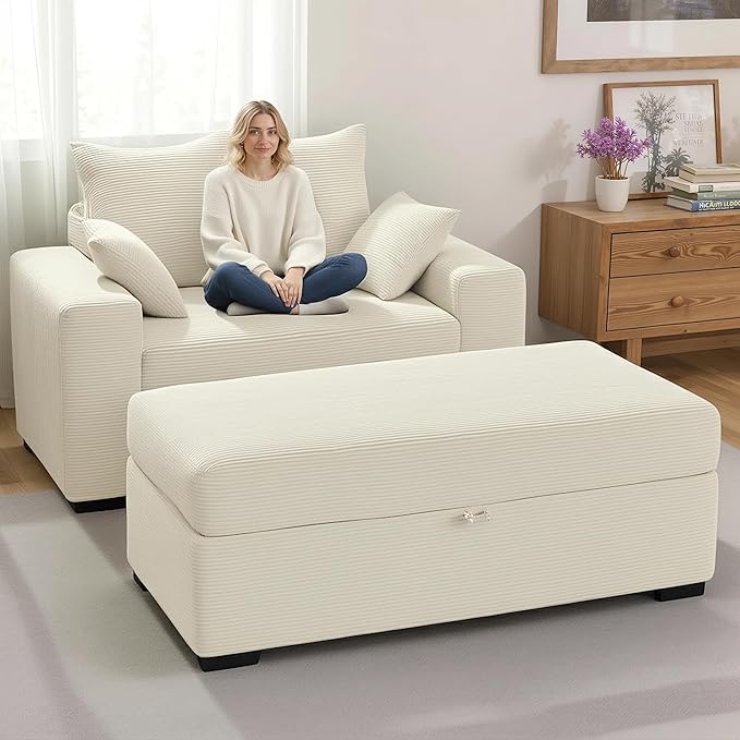 Indoor Chaise Lounge Chair with Storage Ottoman, Modern 60-Inch Lounge Sofa Chair with Wide Armrests & 4 Pillows, Oversized Comfy Reading Lounger for Living Room, Bedroom（Medium-Rib Corduroy Beige）