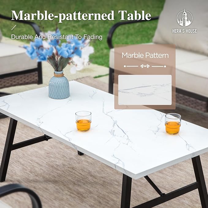 HERA'S HOUSE 4 Piece Metal Patio Furniture Set, All Weather Outdoor Conversation Set with 3 Seat Sofa, 2 x Cushioned Fixed Chair & Coffee Table, Seats 5 for Backyard, Garden, Deck, Beige