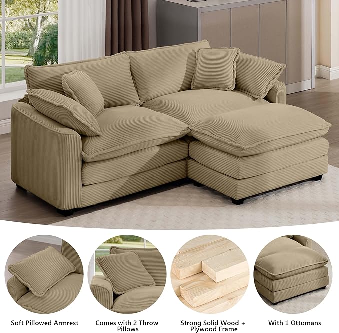 Aoowow Corduroy Loveseat Couch with Ottoman,Modern 2 Seater Cloud Couches for Living Room,Modular Sectional Cloud Sofas Deep Seat,Oversized L-Shaped Couch for Small Spaces (Tan, 2 Seater + 1 Ottoman)