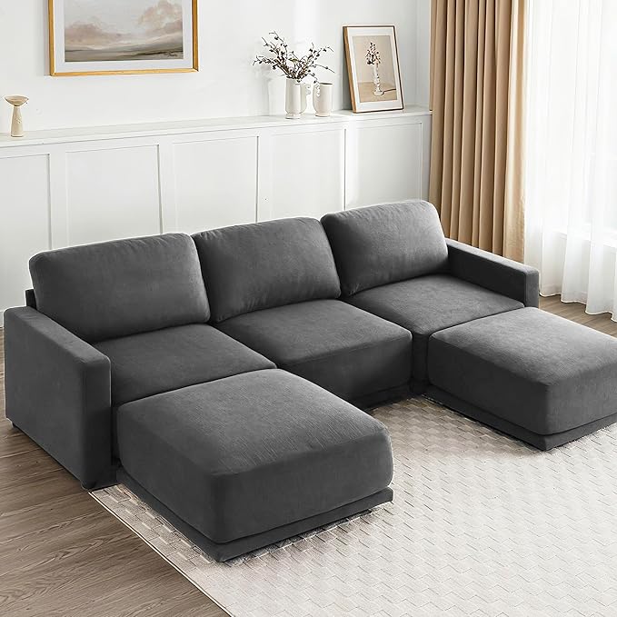 CAPCAPA 112" Modular Sectional Couches for Living Room, U-Shaped Modern Sofa with Ottomans, 5-Piece Chenille Sofa Set for Home Furniture, Dark Grey