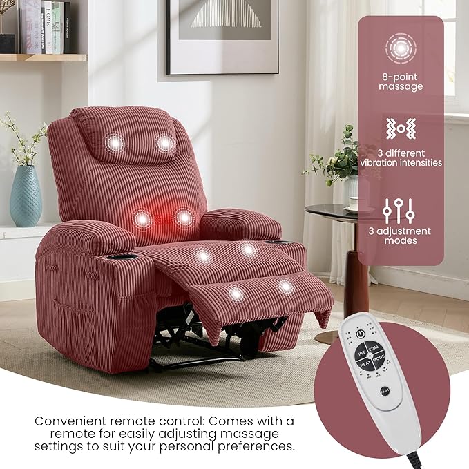 Massage Recliner Chair with Heat - Ultra-Comfortable Reclining (135° Adjustable), Dual Cup Holders & Side Storage Pockets, Easy Tool Assembly, Dark Green