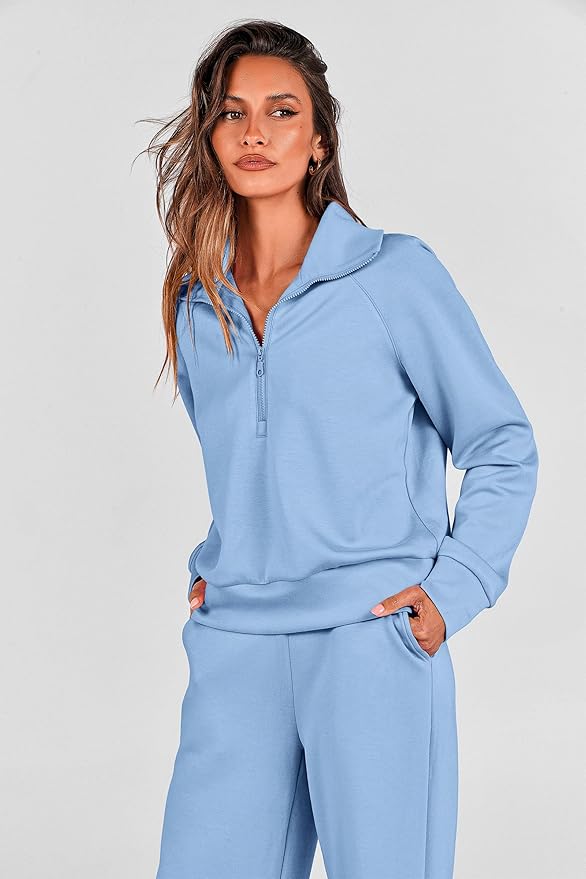 PRETTYGARDEN Women's 2 Piece Outfits Casual Lapel Half Zip Sweatshirts and Wide Leg Pants Tracksuit Sets