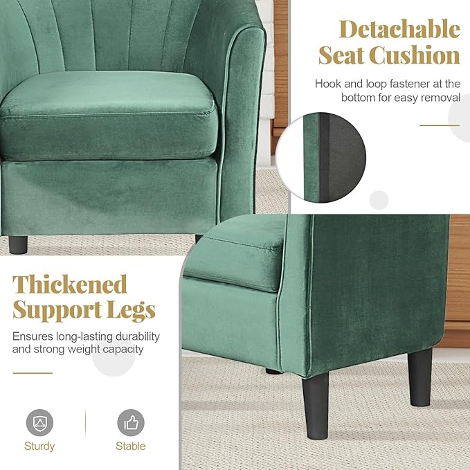 GOFLAME Accent Chair with Ottoman, Modern Velvet Fabric Barrel Chair with Footrest, Curved Backrest, Removable Seat Cushion, Upholstered Club Tub Sofa, Reading Armchair for Living Room, Bedroom, Green